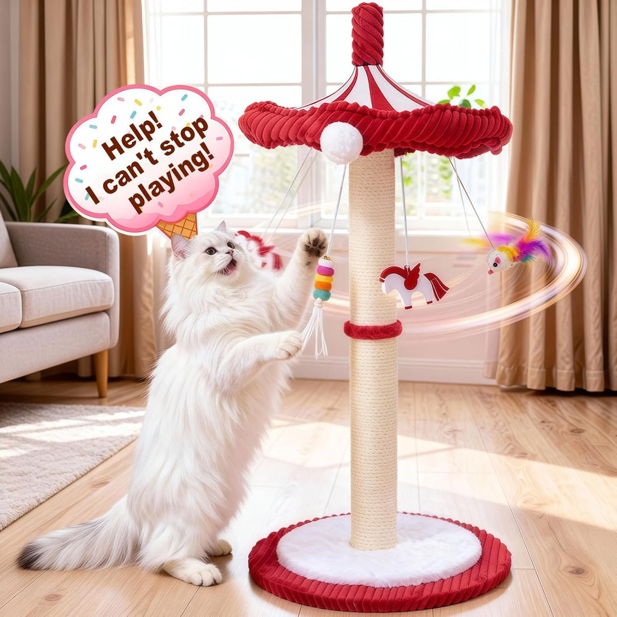 Carousel Cat Scratching Post with Hanging Toys, Interactive Cat Toys