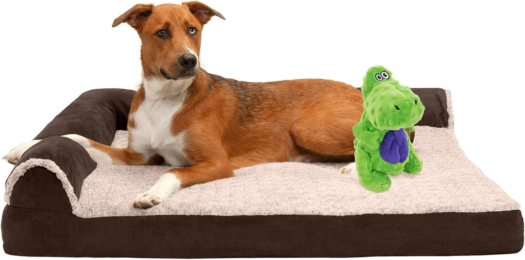 Furhaven Orthopedic Dog Bed for Large Dogs w/ Removable Bolsters & Washable Cover, For Dogs Up to 95 lbs - Two-Tone Plush Faux Fur & Suede L Shaped Chaise - Stone Gray, Jumbo/XL