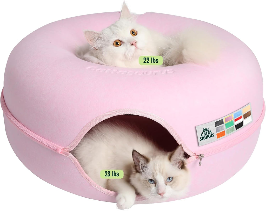 Peekaboo Cat Cave Donut for Multiple & Large Cats up to 30-45 lbs, 3-in-1 Self Warming Cat Bed, Tunnel & Scratcher for Indoor Cats, Washable & Detachable Small Dog Bed (Light Gray, Jumbo)