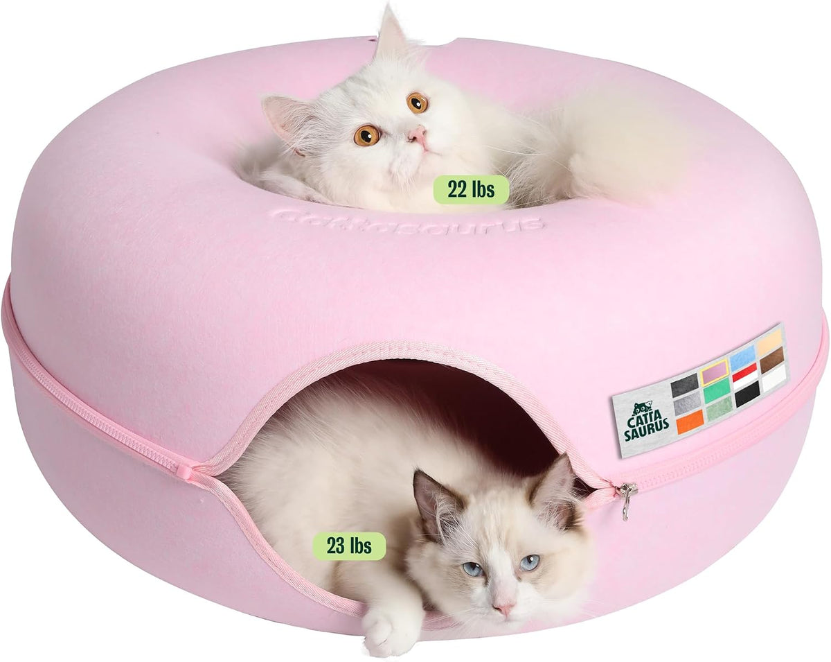Peekaboo Cat Cave Donut for Multiple & Large Cats up to 30-45 lbs, 3-in-1 Self Warming Cat Bed, Tunnel & Scratcher for Indoor Cats, Washable & Detachable Small Dog Bed (Light Gray, Jumbo)