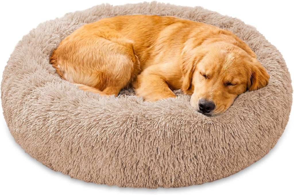JOLLYVOGUE Calming Dog Bed Medium Size Dog, 31in Donut Washable Medium Pet Bed, Anti-Slip & Anti-Anxiety Fluffy Faux Fur Round Dogs Bed, Fits up to 45 lbs Pets (Smoke Grey)