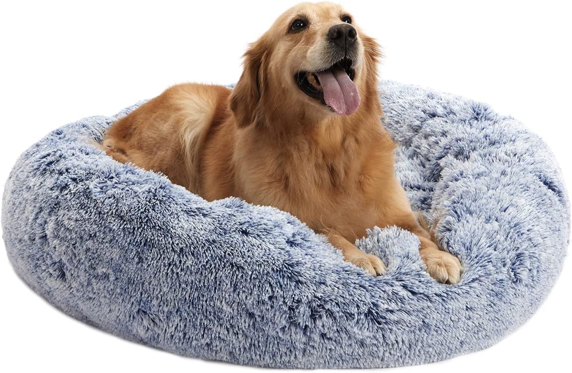 Calming Fluffy Donut Dog Bed for Large Dogs,Dark Grey, 36" Round