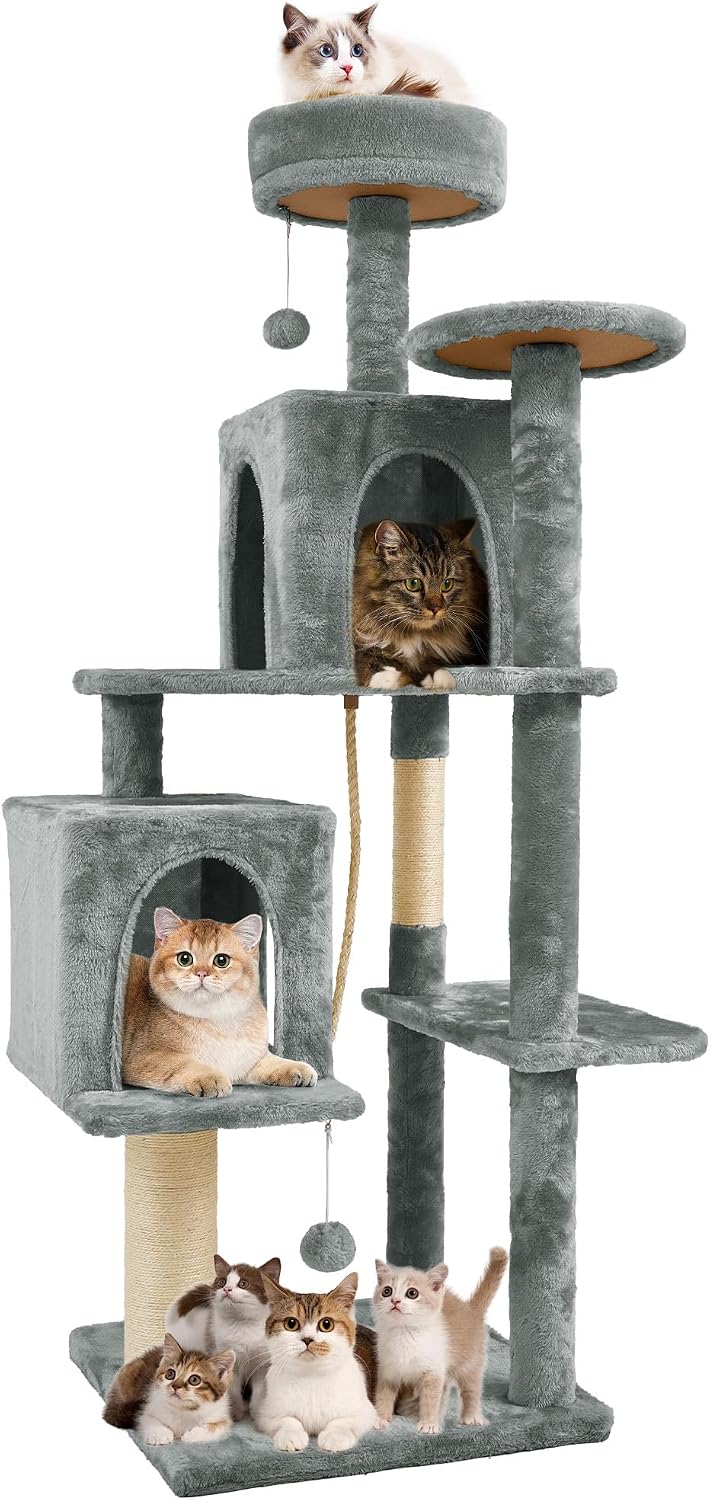 58.5inch Large Cat Tree Tower Condo for Indoor Cats, Soft Plush Multi-Level Climbing Tree Cat House with Cat Cave, Scratching Post, More Entrance/Exit, Sisal Rope, Grey Black