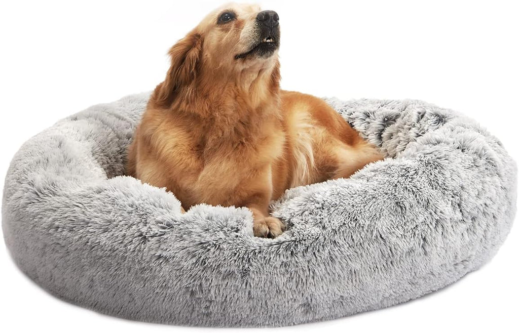 Calming Fluffy Donut Dog Bed for Large Dogs,Dark Grey, 36" Round