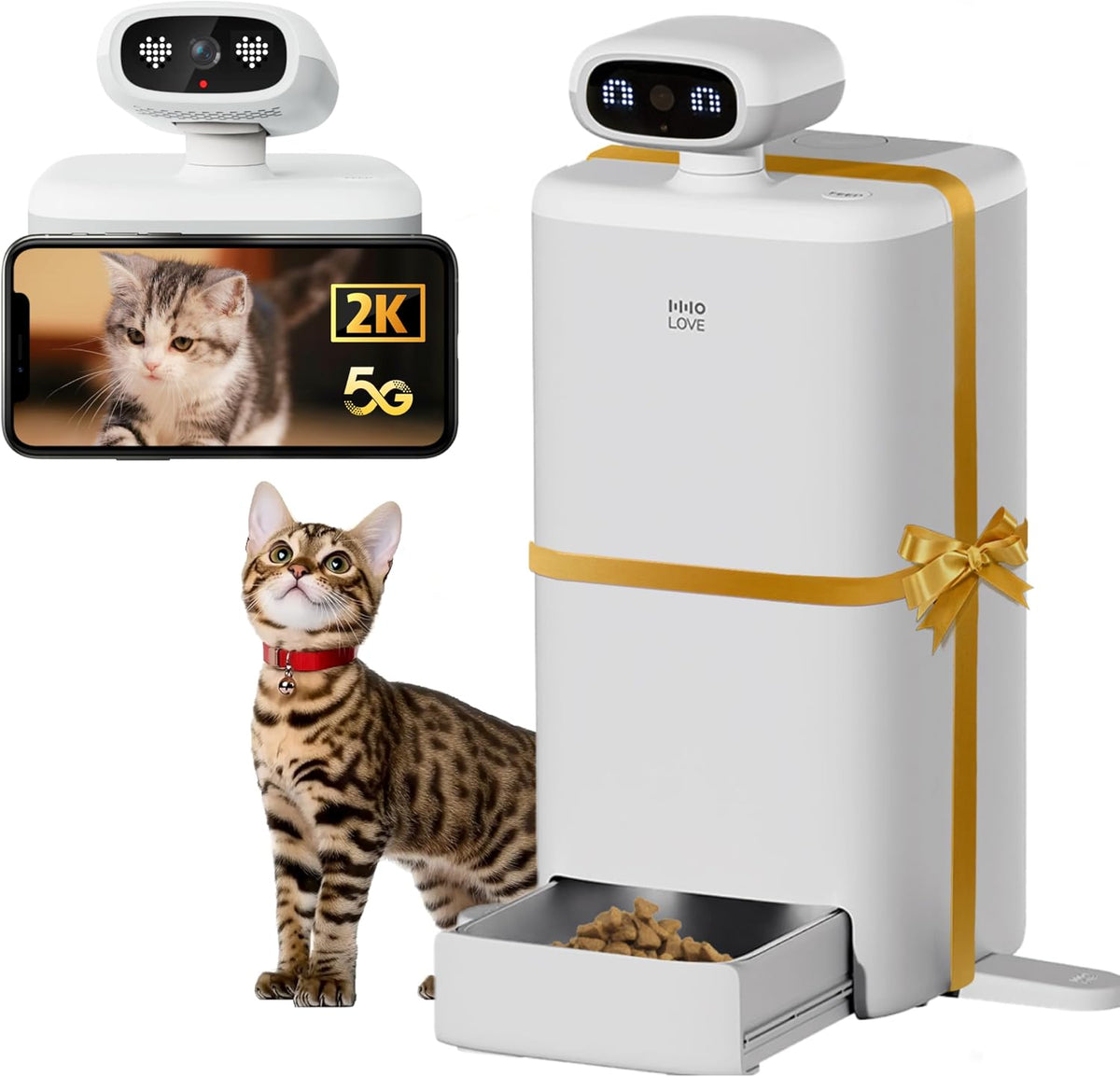 Yuno AI Smart Automatic Cat Feeder with 2K 360° Camera Auto-Track, AI Health Insights, Two-Way Audio, Night Vision Camera, 2.4G&5G WiFi, Small Dog Feeder, 5L