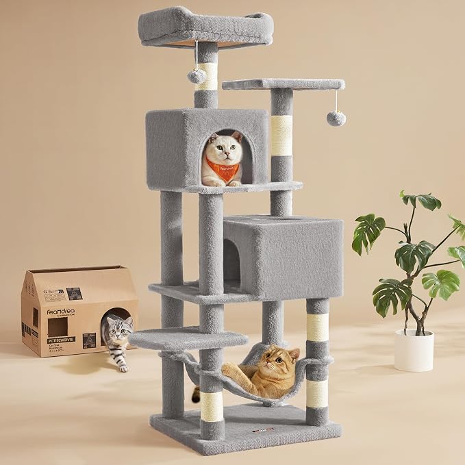Feandrea Cat Tree, 59.5-Inch Tall Cat Tower, Multi-Level Condo, Light Gray