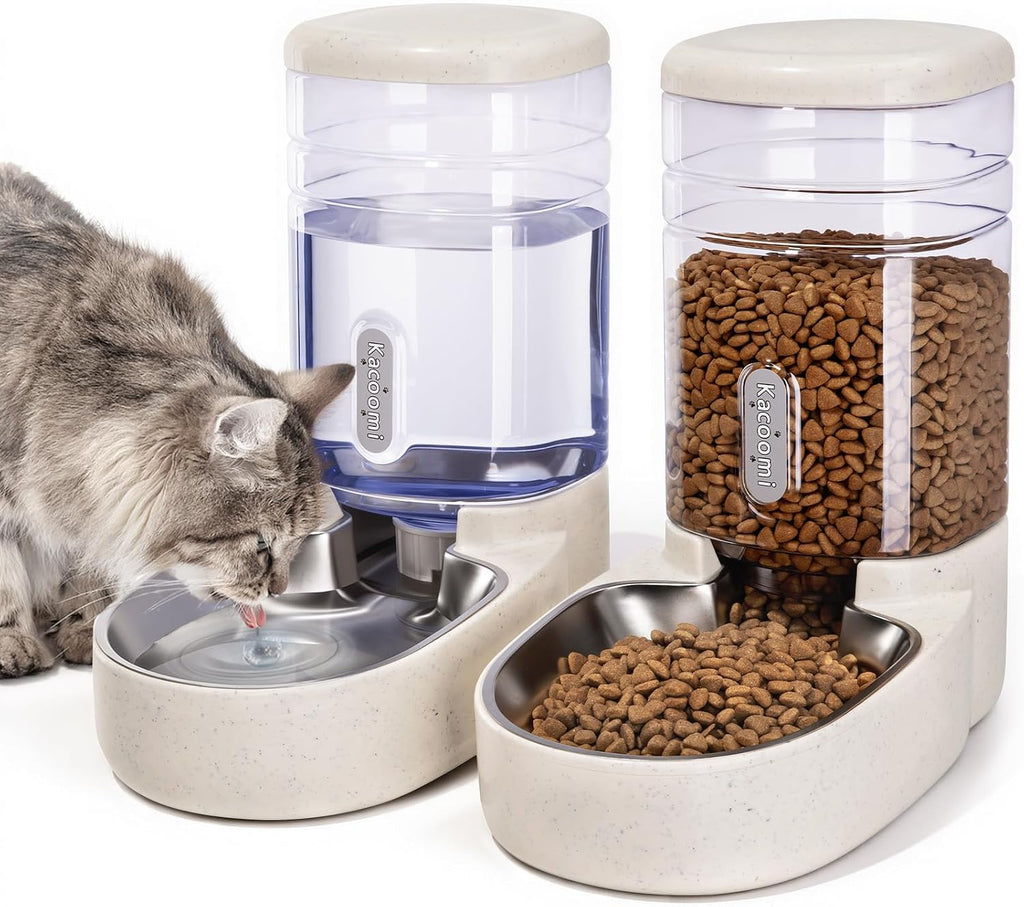 Kacoomi Automatic Dog Cat Feeder and Water Dispenser Gravity Food Feeder and Waterer Set with Pet Food Bowl for Small Medium Dog Puppy Kitten, Large Capacity 1 Gallon x 2