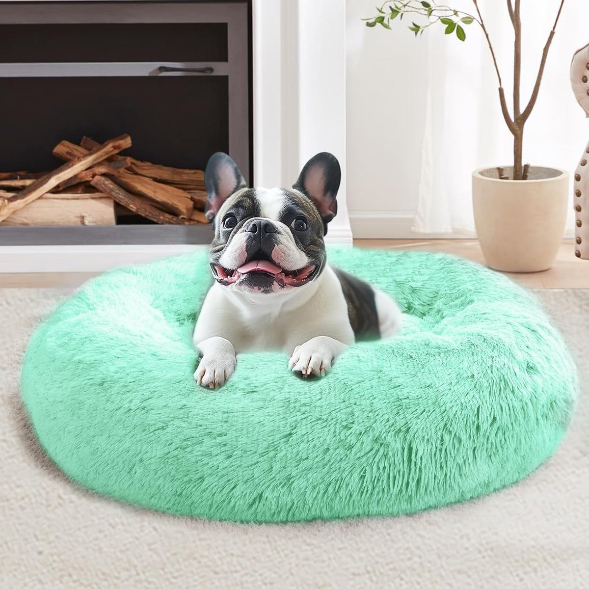 JOLLYVOGUE Calming Dog Bed Medium Size Dog, 31in Donut Washable Medium Pet Bed, Anti-Slip & Anti-Anxiety Fluffy Faux Fur Round Dogs Bed, Fits up to 45 lbs Pets (Smoke Grey)
