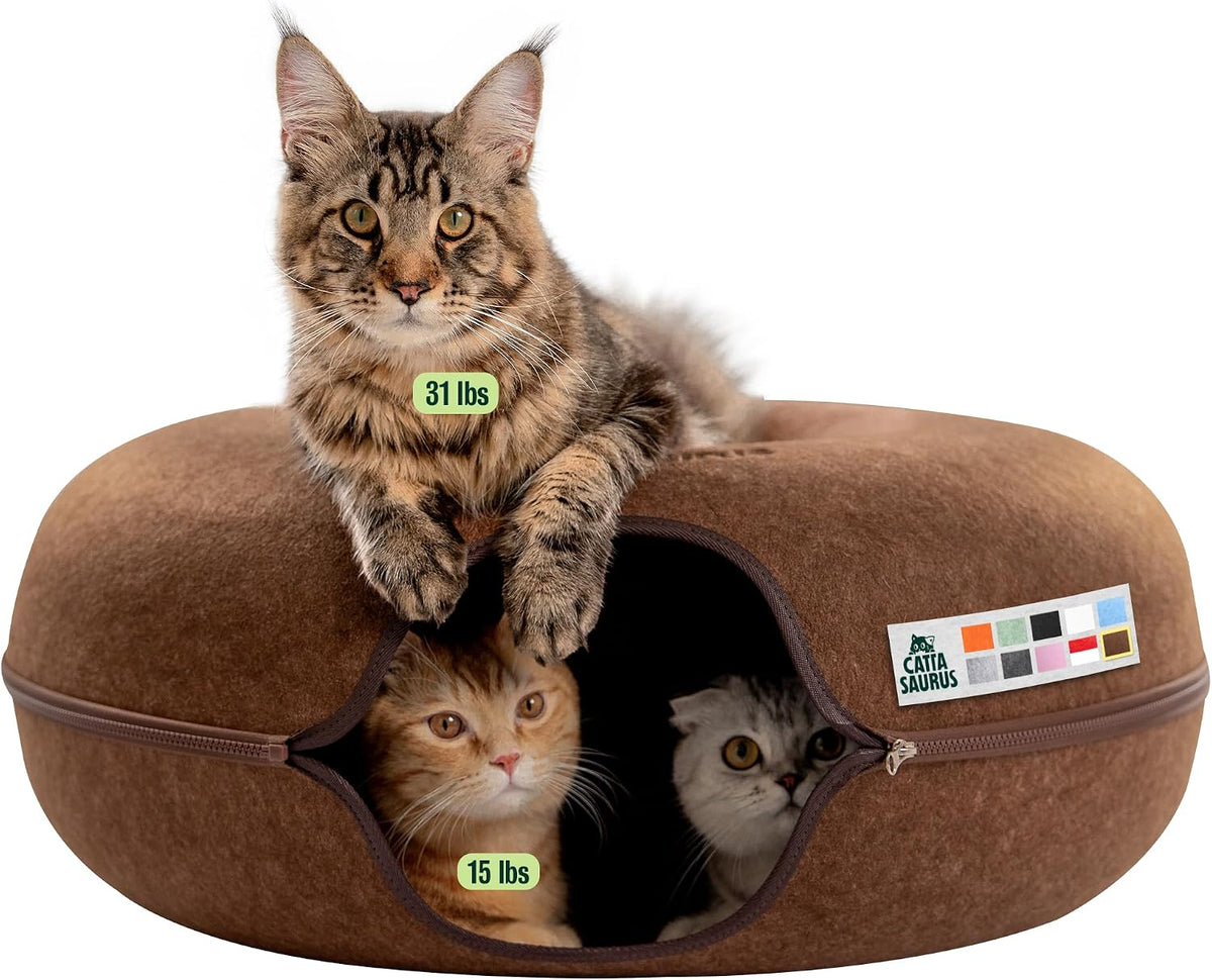 Peekaboo Cat Cave Donut for Multiple & Large Cats up to 30-45 lbs, 3-in-1 Self Warming Cat Bed, Tunnel & Scratcher for Indoor Cats, Washable & Detachable Small Dog Bed (Light Gray, Jumbo)