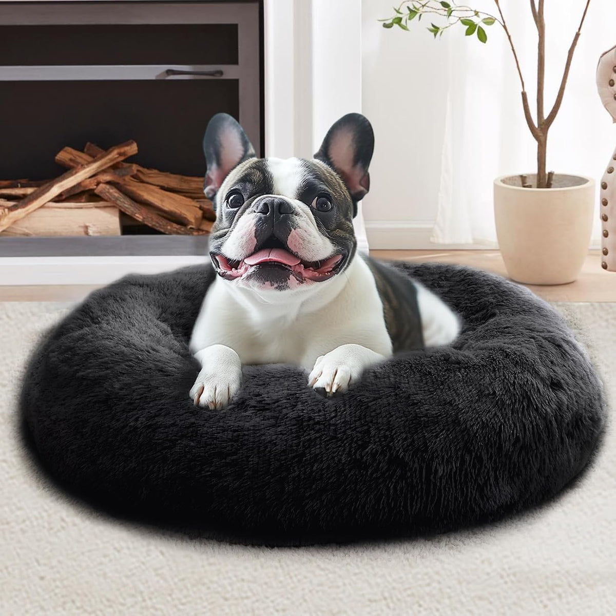 JOLLYVOGUE Calming Dog Bed Medium Size Dog, 31in Donut Washable Medium Pet Bed, Anti-Slip & Anti-Anxiety Fluffy Faux Fur Round Dogs Bed, Fits up to 45 lbs Pets (Smoke Grey)