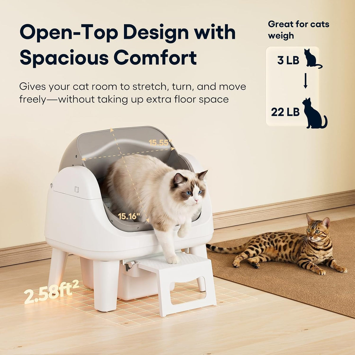 PetPivot Open Top Self Cleaning Cat Litter Box, Automatic Litter Box with 7 Pairs of Safety Sensors, Anti-Pinch Protection and Easy Access Step for Senior Cats, White Grey