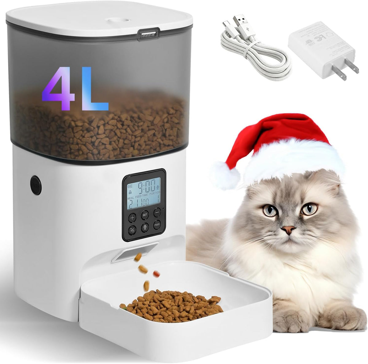 Automatic Cat Feeder, 4L Cat Food Dispenser with 10s Voice Recorder, Pet Feeder up to 8 Meals per Day, Timed Dog Feeder with Dry Food Sealed Ring