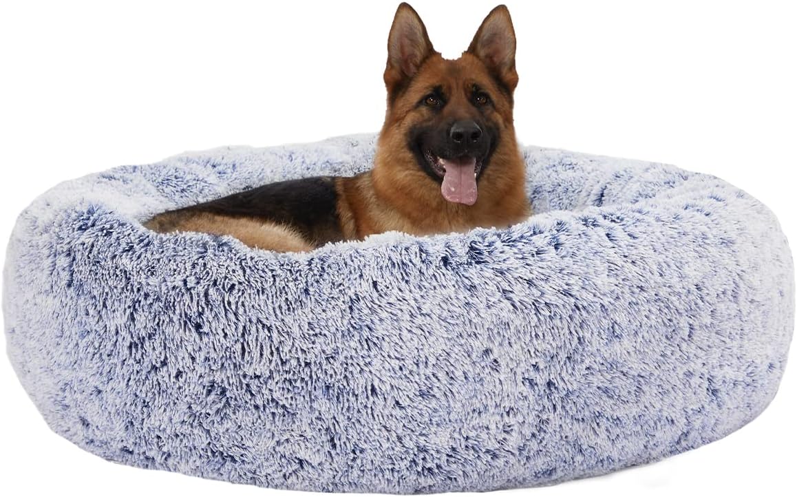 Calming Fluffy Donut Dog Bed for Large Dogs,Dark Grey, 36" Round