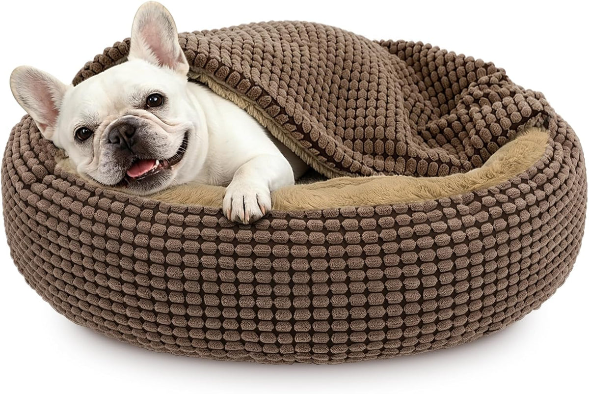 Small Dog Bed with Attached Blanket, Cozy Donut Cuddler Anti-Anxiety Hooded Pet Beds Calming Cave Bed. Orthopedic Round Puppy Beds for Dogs or Cats Washable, Anti-Slip Bottom, 23inch
