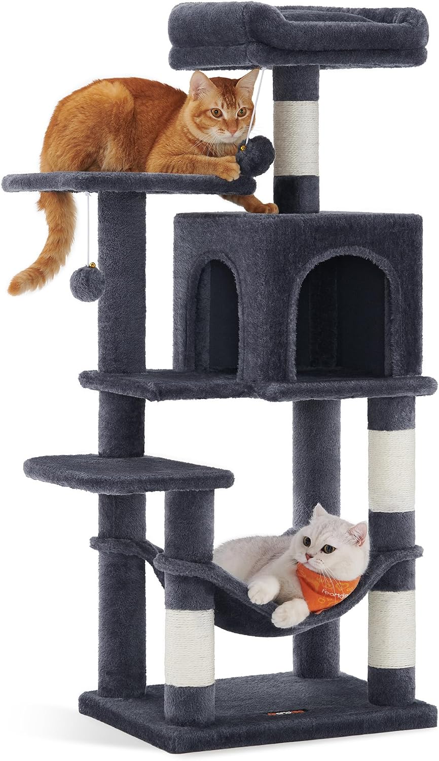 Feandrea Cat Tree, 59.5-Inch Tall Cat Tower, Multi-Level Condo, Light Gray