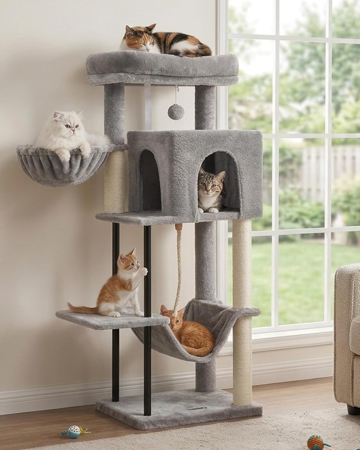 Cat Tree, Cat Tower for Indoor Cats, 43.3 inch Cat Tree Tower with Sturdy Steel Tube, Hammock, Cat Condo for Small Cats and Kittens, Scratching Post, Smoky Gray GCT004SG