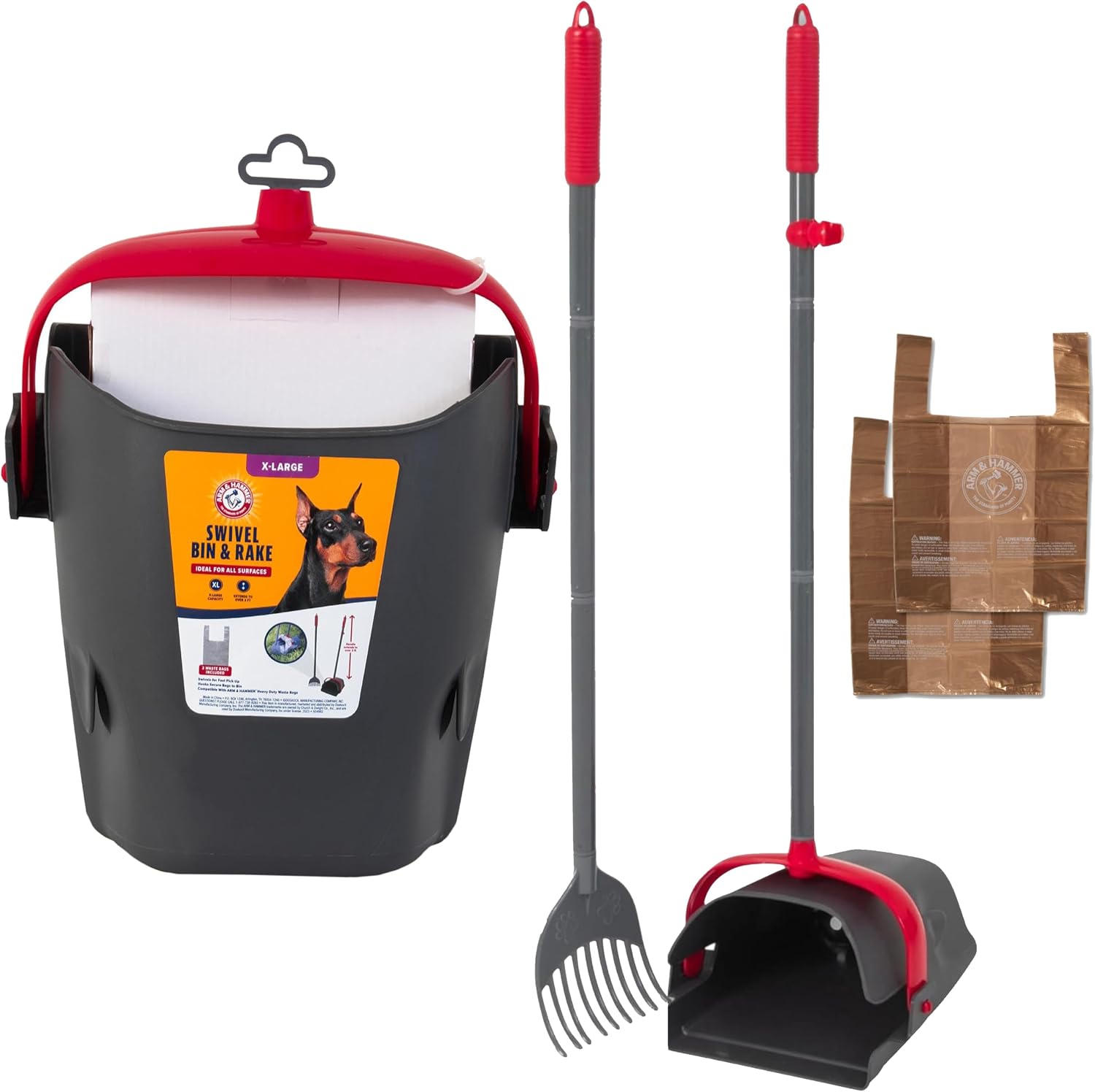 Arm & Hammer Swivel Bin & Rake Dog Pooper Scooper, Includes 2 Waste Bags