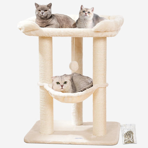 28" Cat Tree, Large Bed for Big Cats, Small Cat Tower with Soft Perch for Window Viewing, Stable Cat Tree Tower, Cat Scratching Post with Hammock, Removable Cover-Gray