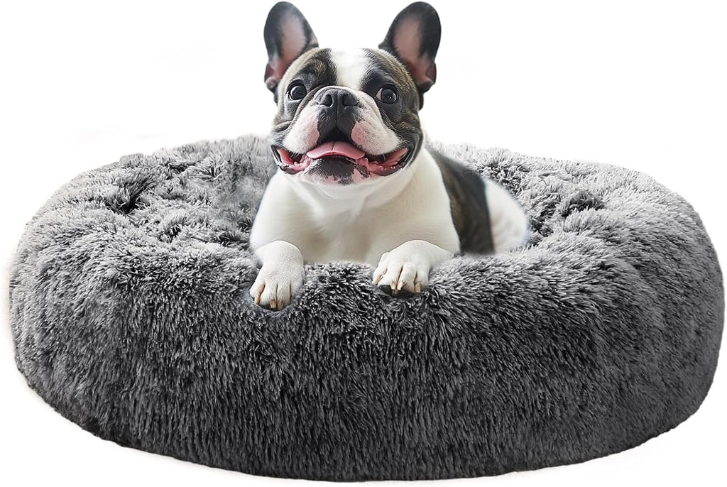 JOLLYVOGUE Calming Dog Bed Medium Size Dog, 31in Donut Washable Medium Pet Bed, Anti-Slip & Anti-Anxiety Fluffy Faux Fur Round Dogs Bed, Fits up to 45 lbs Pets (Smoke Grey)