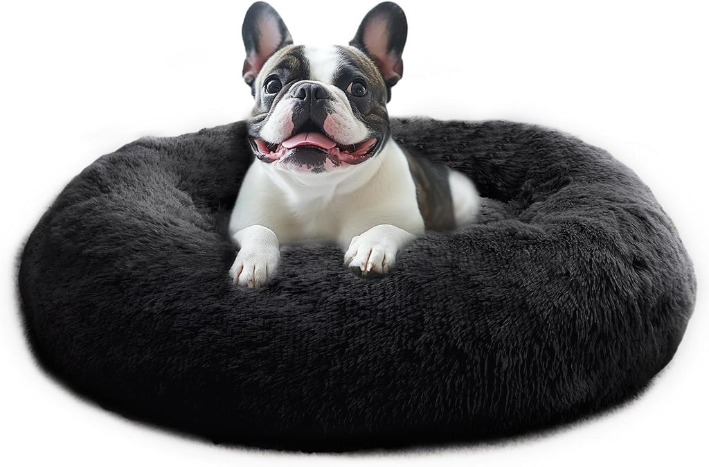 JOLLYVOGUE Calming Dog Bed Medium Size Dog, 31in Donut Washable Medium Pet Bed, Anti-Slip & Anti-Anxiety Fluffy Faux Fur Round Dogs Bed, Fits up to 45 lbs Pets (Smoke Grey)