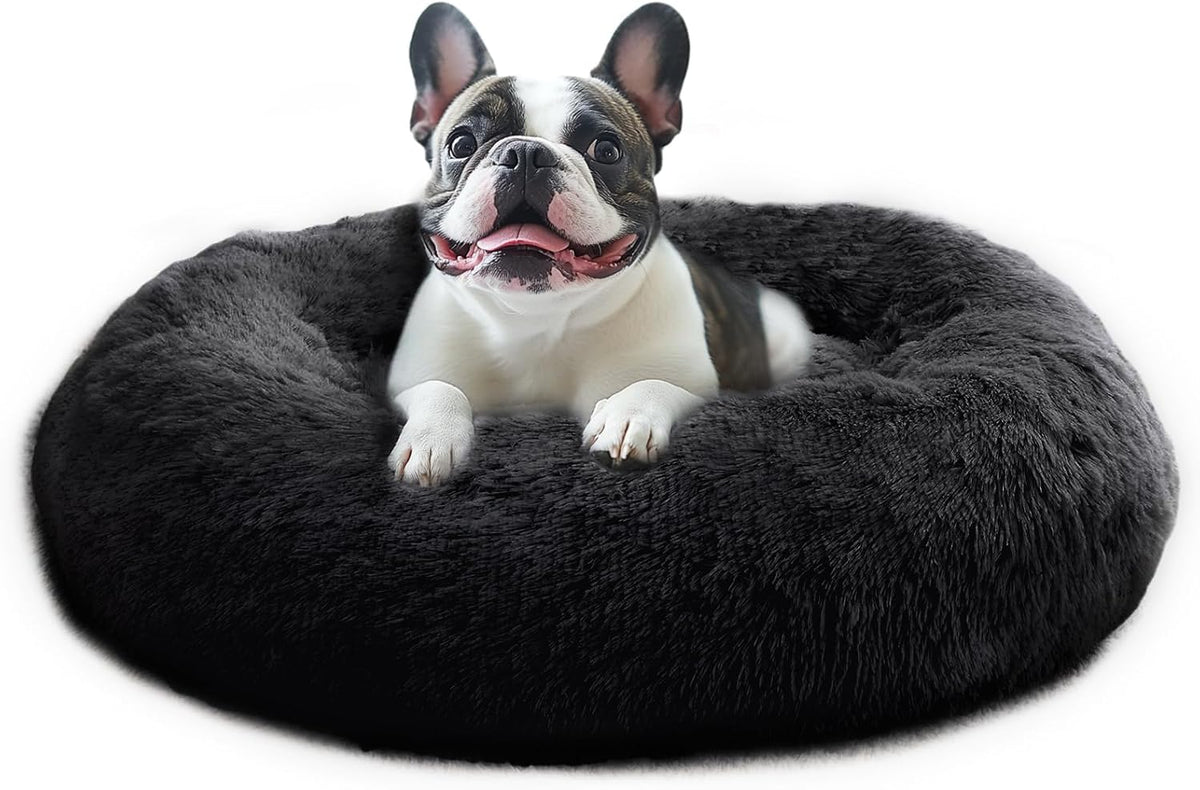 JOLLYVOGUE Calming Dog Bed Medium Size Dog, 31in Donut Washable Medium Pet Bed, Anti-Slip & Anti-Anxiety Fluffy Faux Fur Round Dogs Bed, Fits up to 45 lbs Pets (Smoke Grey)
