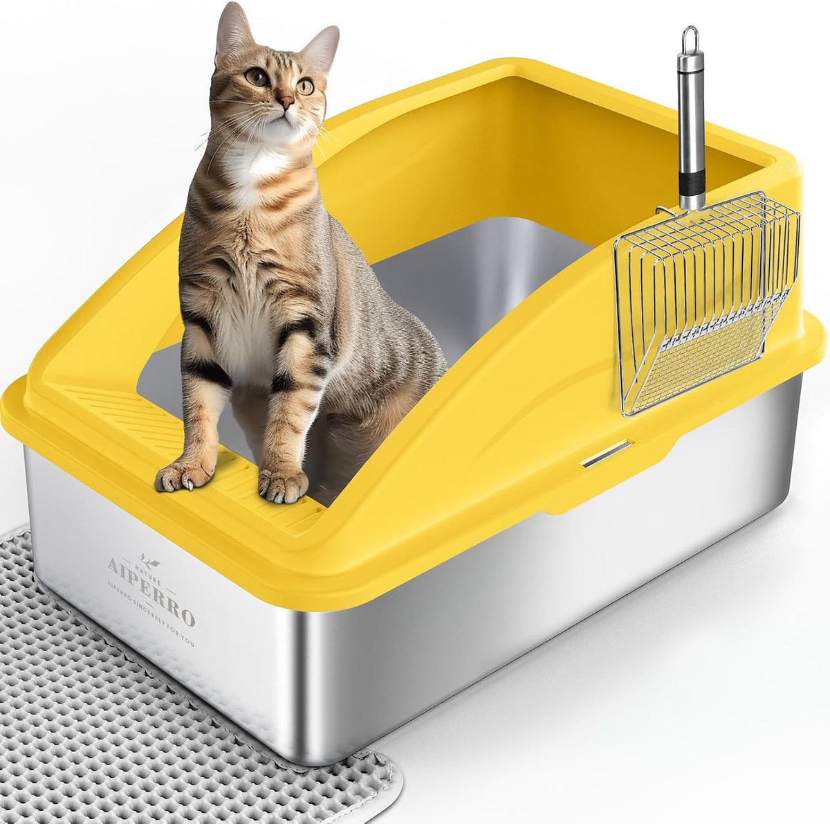 AIPERRO Stainless Steel Litter Box | XL Enclosed Cat Litter Boxes with Lid