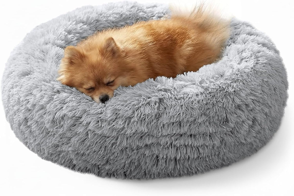 JOLLYVOGUE Calming Dog Bed Medium Size Dog, 31in Donut Washable Medium Pet Bed, Anti-Slip & Anti-Anxiety Fluffy Faux Fur Round Dogs Bed, Fits up to 45 lbs Pets (Smoke Grey)