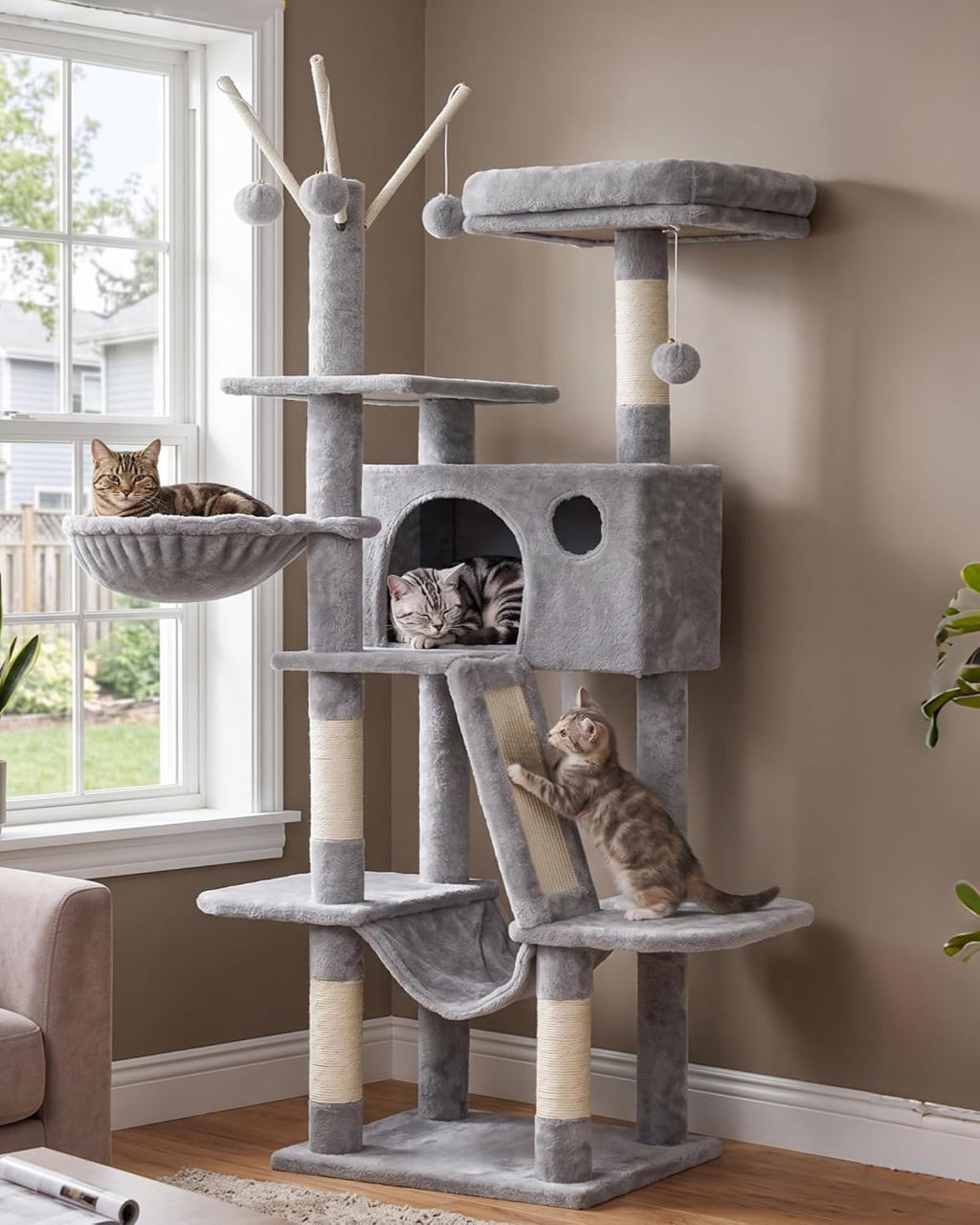 Hey-brother Cat Tree Tower with Padded Platform Bed, Hammock, MPJ019-SG
