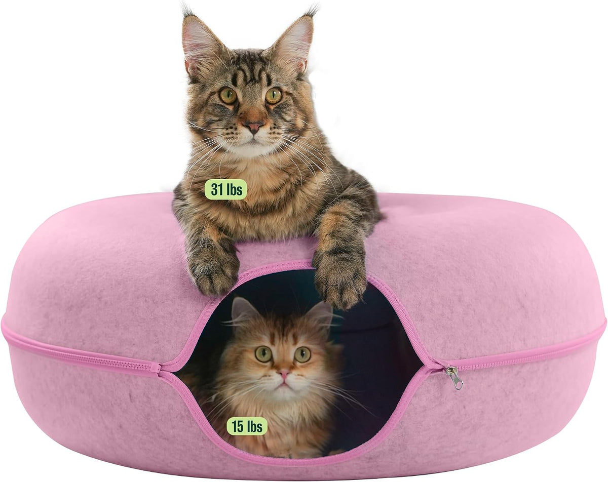 Peekaboo Cat Cave Donut for Multiple & Large Cats up to 30-45 lbs, 3-in-1 Self Warming Cat Bed, Tunnel & Scratcher for Indoor Cats, Washable & Detachable Small Dog Bed (Light Gray, Jumbo)