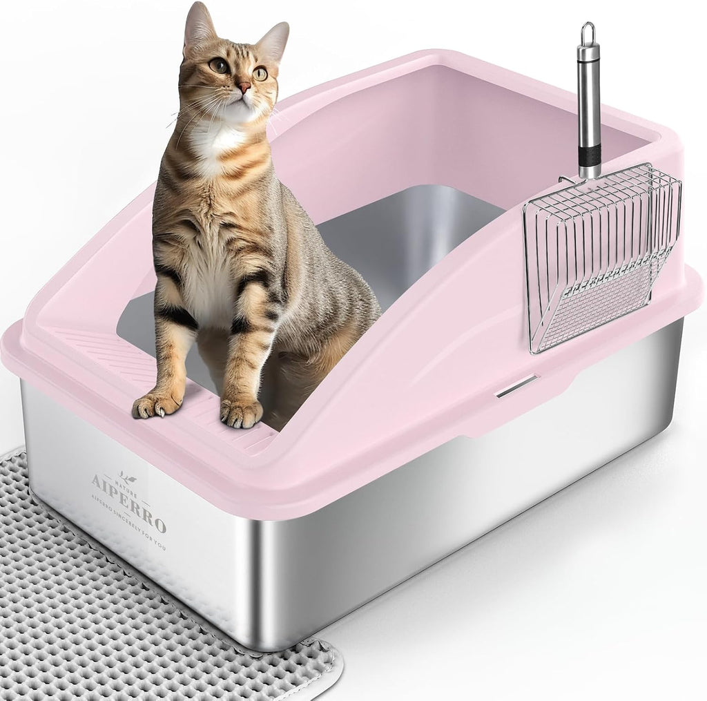AIPERRO Stainless Steel Litter Box | XL Enclosed Cat Litter Boxes with Lid