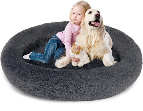 54 inches Calming Donut Dog Bed - 3X Durable Plush Faux Fur, Machine Washable & Non-Slip, Fits up to 210 lbs, Removable Cover, Dark Grey