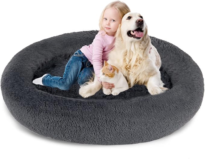 54 inches Calming Donut Dog Bed - 3X Durable Plush Faux Fur, Machine Washable & Non-Slip, Fits up to 210 lbs, Removable Cover, Dark Grey