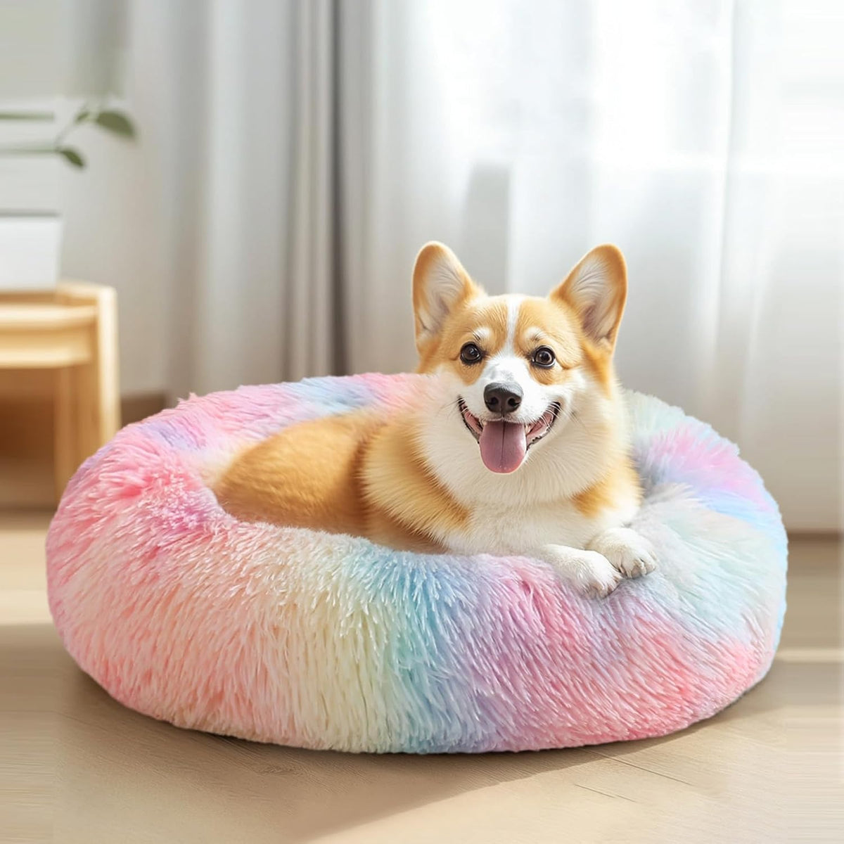 JOLLYVOGUE Calming Dog Bed Medium Size Dog, 31in Donut Washable Medium Pet Bed, Anti-Slip & Anti-Anxiety Fluffy Faux Fur Round Dogs Bed, Fits up to 45 lbs Pets (Smoke Grey)