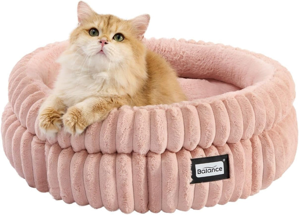 BALANCE Cat Bed Kitten Bed, Washable Round Cat Beds for Indoor Cats, Super Soft Plush Faux Fur Pet Bed for Puppy and Kitten with Anti-Slip Bottom
