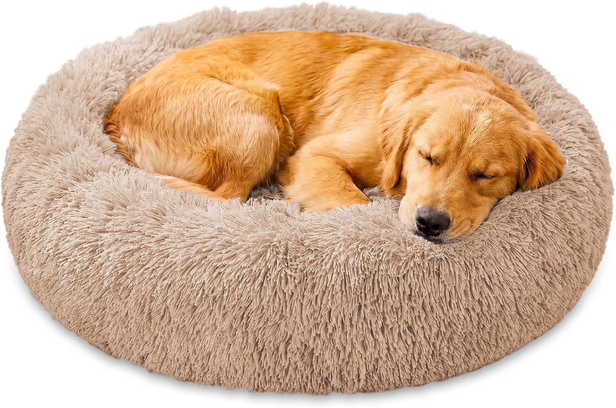 JOLLYVOGUE Calming Dog Bed Medium Size Dog, 31in Donut Washable Medium Pet Bed, Anti-Slip & Anti-Anxiety Fluffy Faux Fur Round Dogs Bed, Fits up to 45 lbs Pets (Smoke Grey)