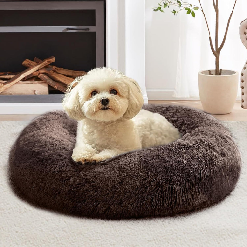 JOLLYVOGUE Calming Dog Bed Medium Size Dog, 31in Donut Washable Medium Pet Bed, Anti-Slip & Anti-Anxiety Fluffy Faux Fur Round Dogs Bed, Fits up to 45 lbs Pets (Smoke Grey)
