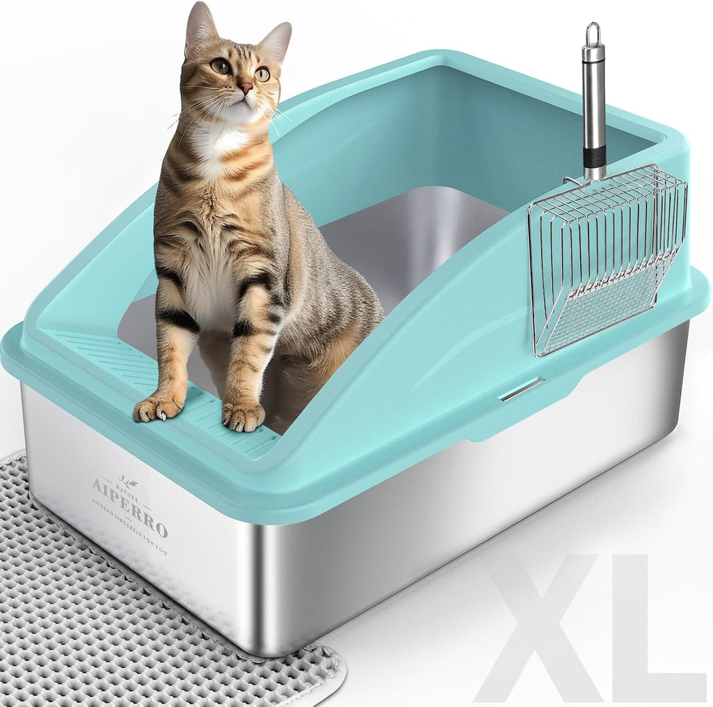 AIPERRO Stainless Steel Litter Box | XL Enclosed Cat Litter Boxes with Lid