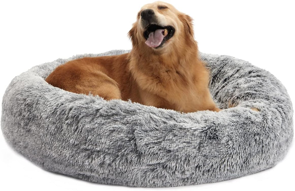Calming Fluffy Donut Dog Bed for Large Dogs,Dark Grey, 36" Round