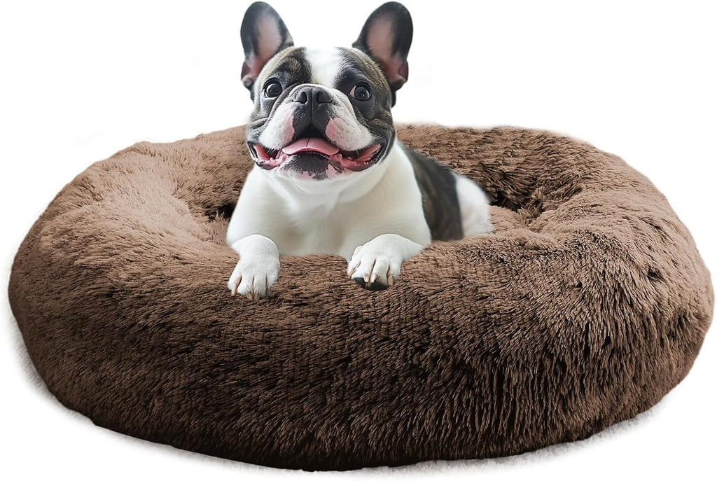 JOLLYVOGUE Calming Dog Bed Medium Size Dog, 31in Donut Washable Medium Pet Bed, Anti-Slip & Anti-Anxiety Fluffy Faux Fur Round Dogs Bed, Fits up to 45 lbs Pets (Smoke Grey)