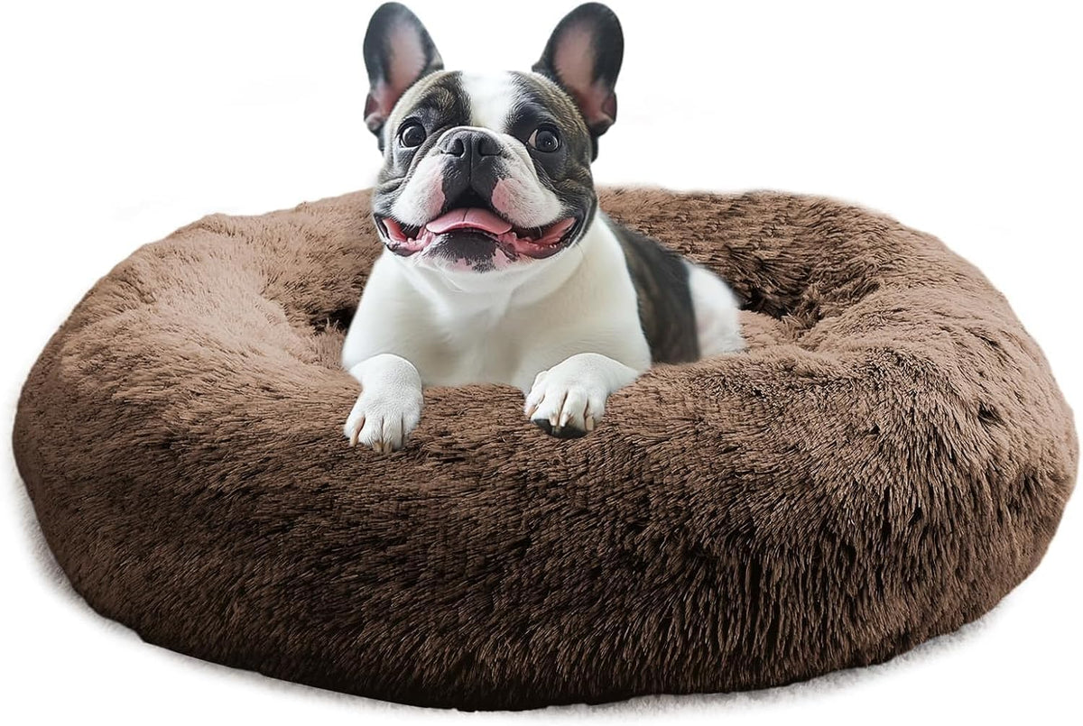 JOLLYVOGUE Calming Dog Bed Medium Size Dog, 31in Donut Washable Medium Pet Bed, Anti-Slip & Anti-Anxiety Fluffy Faux Fur Round Dogs Bed, Fits up to 45 lbs Pets (Smoke Grey)