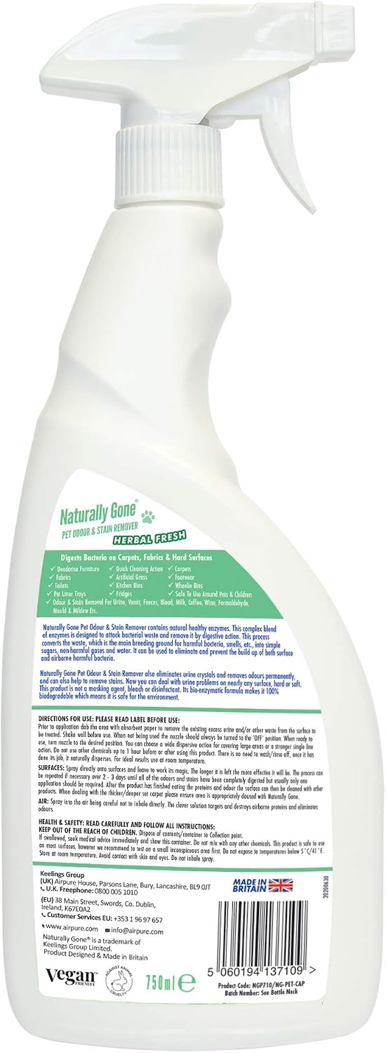 airpure NATURALLY GONE Pet Odour Eliminator, Heat Sealed Cap, Enzyme Cleaner Removes Smells and Stains, Cat Litter Freshener, Works on Urine, Vomit, Faeces and More - HERBAL FRESH Fragrance