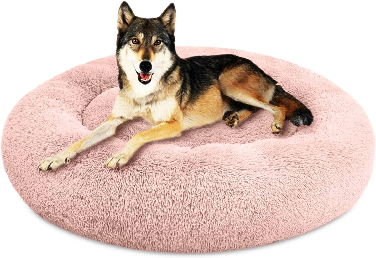 54 inches Calming Donut Dog Bed - 3X Durable Plush Faux Fur, Machine Washable & Non-Slip, Fits up to 210 lbs, Removable Cover, Dark Grey