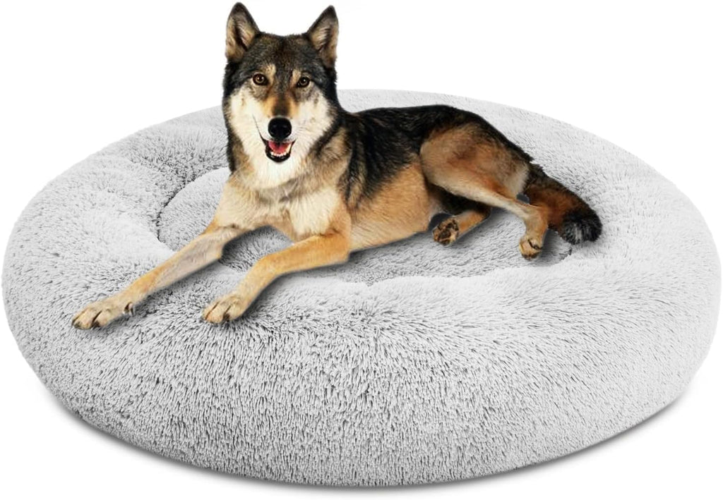 54 inches Calming Donut Dog Bed - 3X Durable Plush Faux Fur, Machine Washable & Non-Slip, Fits up to 210 lbs, Removable Cover, Dark Grey