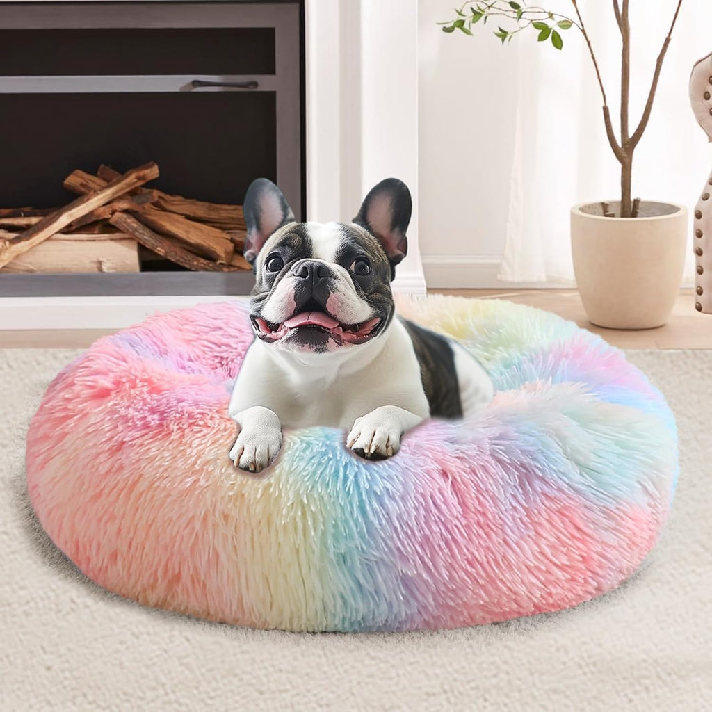 JOLLYVOGUE Calming Dog Bed Medium Size Dog, 31in Donut Washable Medium Pet Bed, Anti-Slip & Anti-Anxiety Fluffy Faux Fur Round Dogs Bed, Fits up to 45 lbs Pets (Smoke Grey)