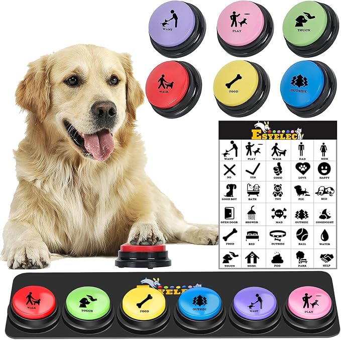 6 Pcs Dog Talking Button Set, Dog Buttons for Communication 30s Voice Recording Speaking Button Pet Speech Training Buzzers with 30 Scene Stickers and Waterproof Anti-Slip Mat for Animal Training