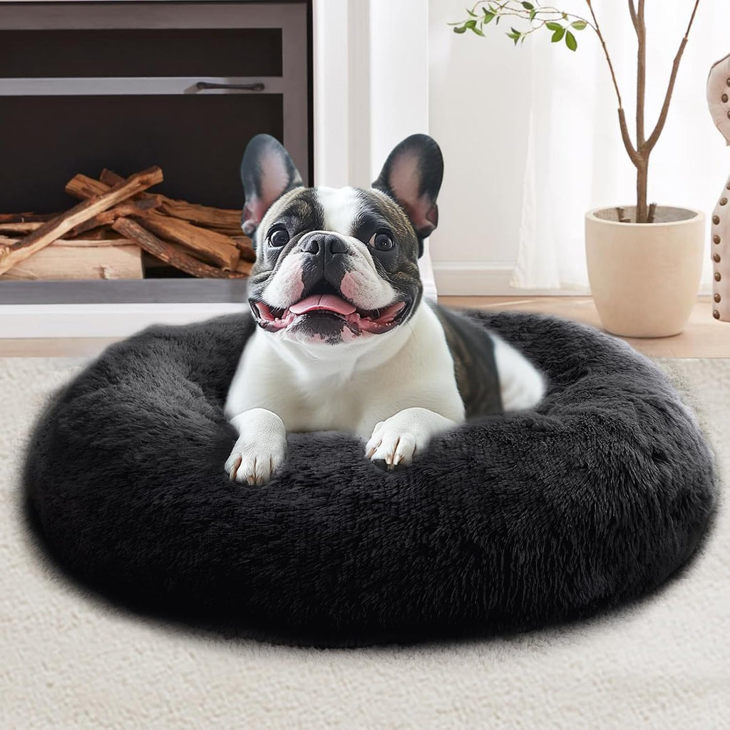 JOLLYVOGUE Calming Dog Bed Medium Size Dog, 31in Donut Washable Medium Pet Bed, Anti-Slip & Anti-Anxiety Fluffy Faux Fur Round Dogs Bed, Fits up to 45 lbs Pets (Smoke Grey)