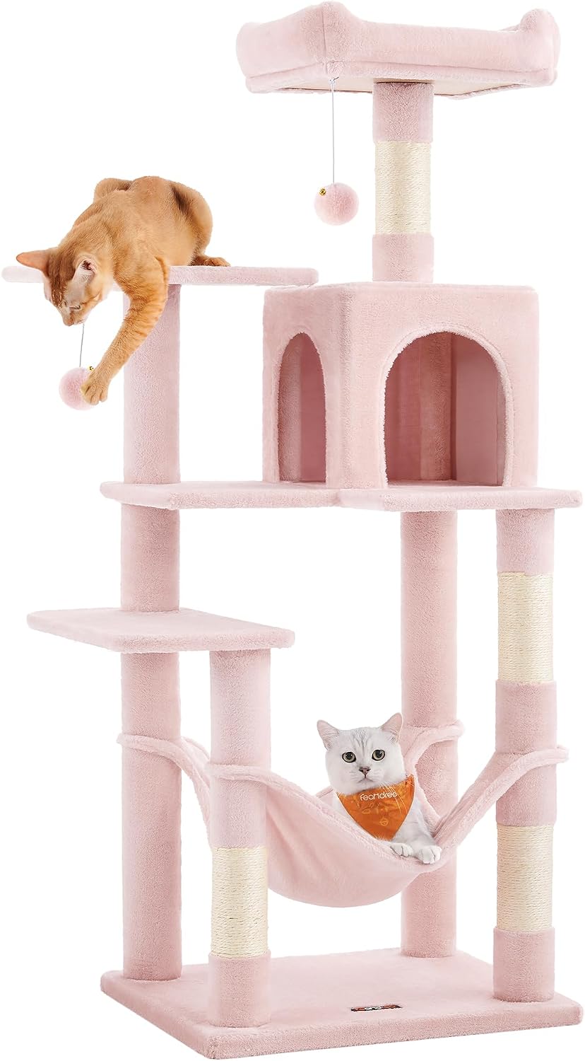 Feandrea Cat Tree, 59.5-Inch Tall Cat Tower, Multi-Level Condo, Light Gray