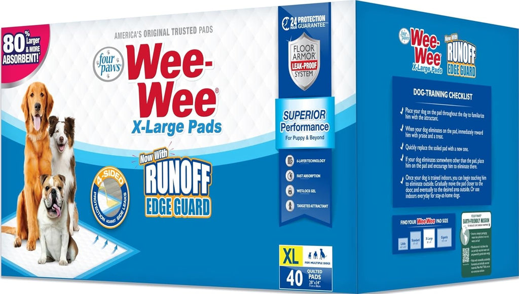 Four Paws Wee-Wee Superior Performance Extra Large Pee Pads for Dogs with Runoff Barrier Edge Guard Protection, Puppy & Dog Potty Training Pads, Housebreaking Supplies, 28" x 34" (40Count)
