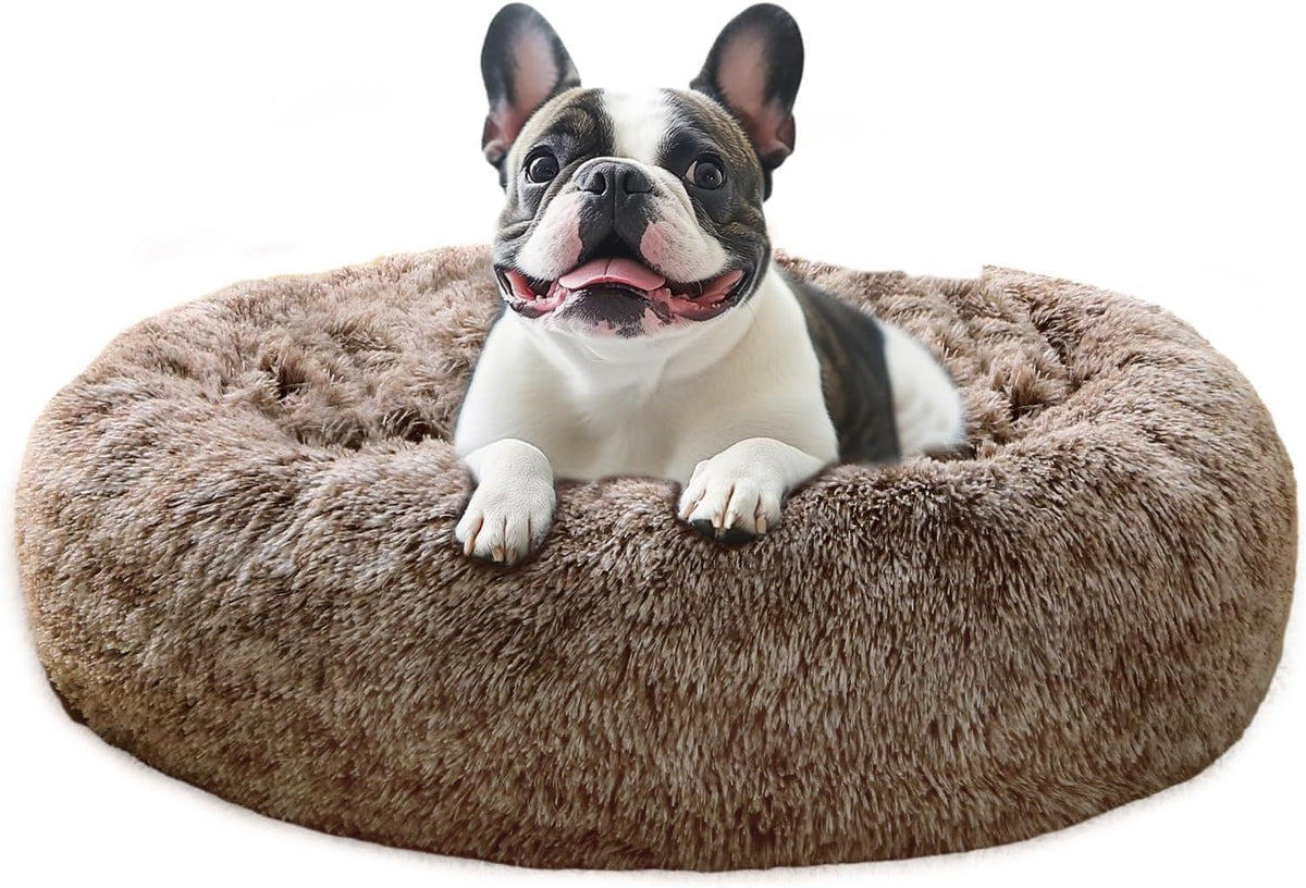 JOLLYVOGUE Calming Dog Bed Medium Size Dog, 31in Donut Washable Medium Pet Bed, Anti-Slip & Anti-Anxiety Fluffy Faux Fur Round Dogs Bed, Fits up to 45 lbs Pets (Smoke Grey)