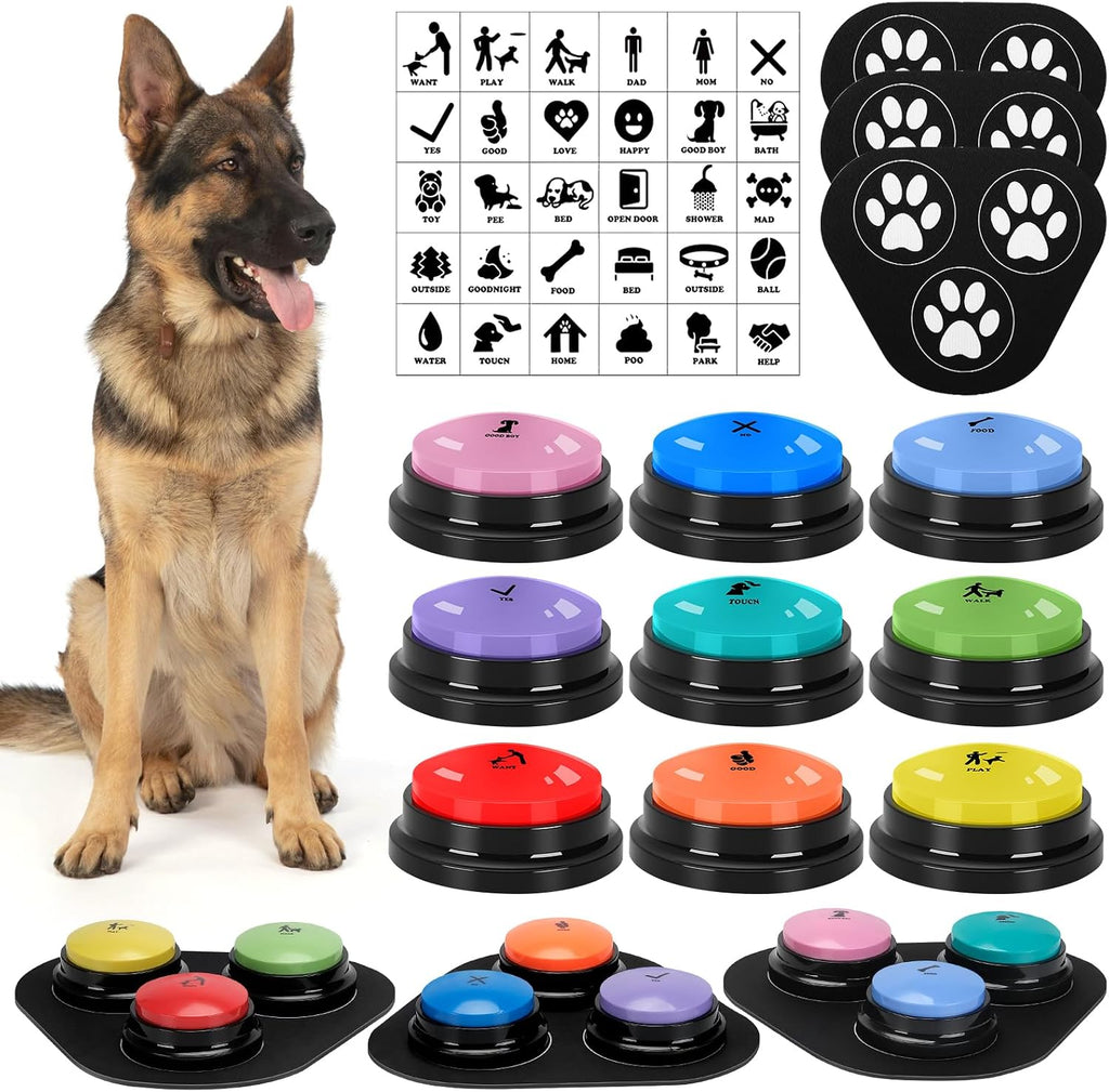 6 Pcs Dog Talking Button Set, Dog Buttons for Communication 30s Voice Recording Speaking Button Pet Speech Training Buzzers with 30 Scene Stickers and Waterproof Anti-Slip Mat for Animal Training